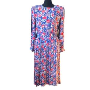VINTAGE LESLIE FAY BLUE MULTICOLORED FLORAL PLEATED LONG SLEEVE DRESS SIZE 12